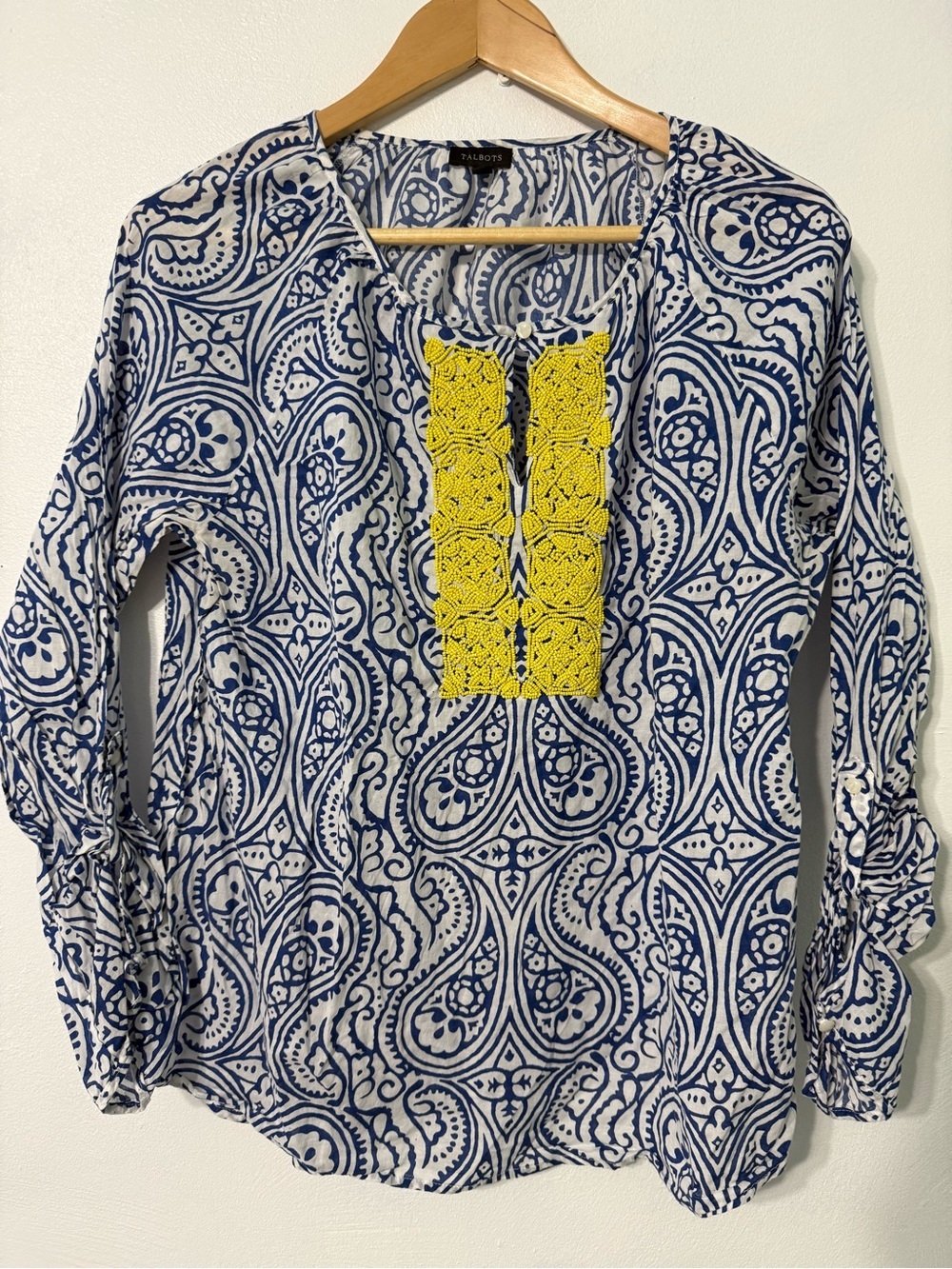 Talbots Navy and White Paisley Tunic with Yellow Beaded Placket 100% cotton